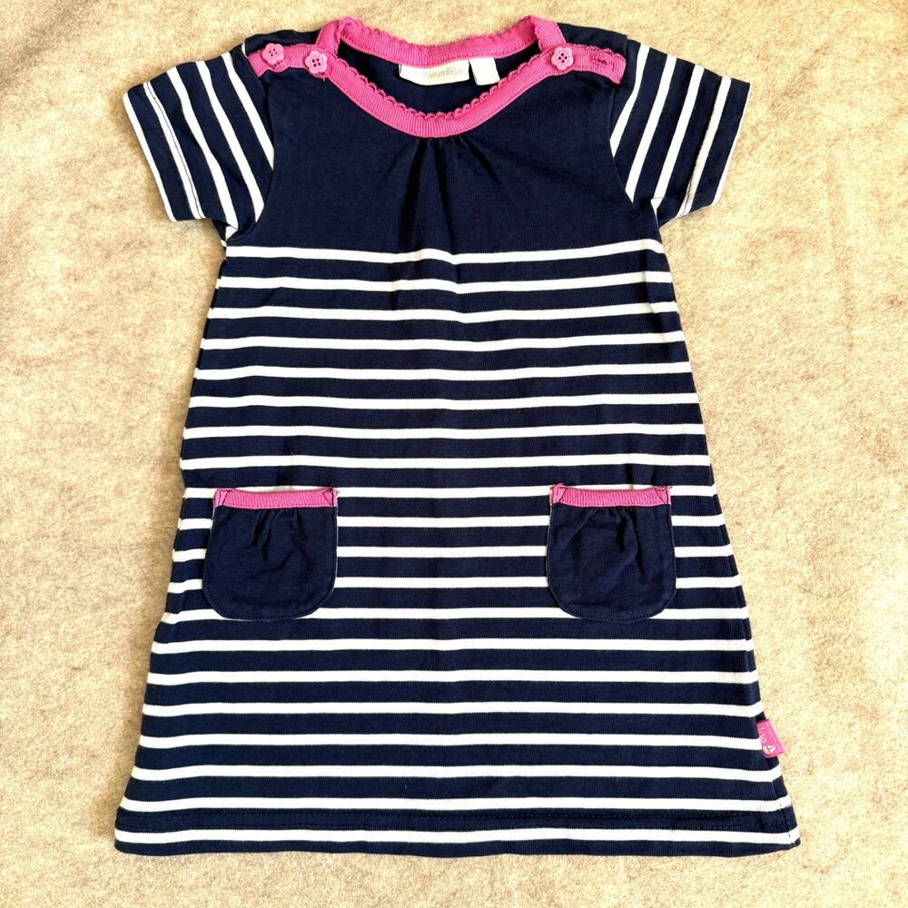 JoJo Maman Bebe Dress Girls 6-12M Navy White Stripe Pocket Nautical baby sailor